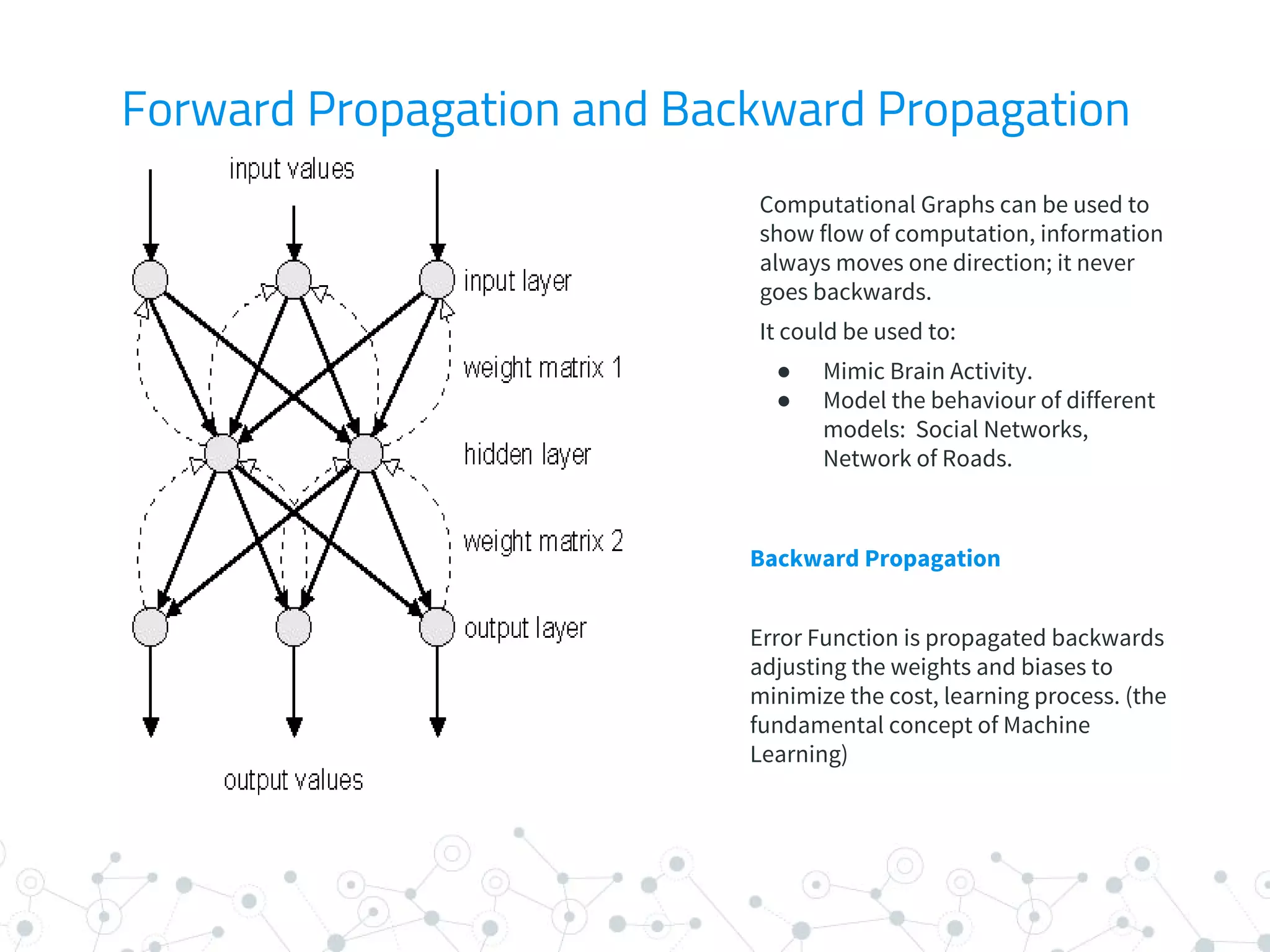 Forward Propagation and Backward Propagation
Computational Graphs can be used to
show flow of computation, information
always moves one direction; it never
goes backwards.
It could be used to:
● Mimic Brain Activity.
● Model the behaviour of different
models: Social Networks,
Network of Roads.
Backward Propagation
Error Function is propagated backwards
adjusting the weights and biases to
minimize the cost, learning process. (the
fundamental concept of Machine
Learning)
 