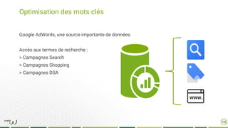 Optimisation des mots clés
18
Google AdWords, une source importante de données.
Accès aux termes de recherche :
> Campagnes Search
> Campagnes Shopping
> Campagnes DSA
 