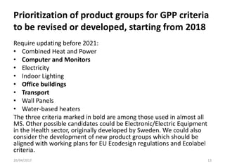 Prioritization of product groups for GPP criteria
to be revised or developed, starting from 2018
Require updating before 2...