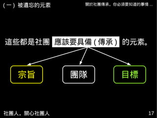 社團人，關心社團人 17
關於社團傳承，你必須要知道的事情 ...
宗旨 團隊 目標
( 一 ) 被遺忘的元素
這些都是社團 的元素。應該要具備 ( 傳承 )
 
