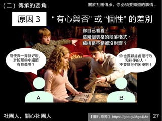 社團人，關心社團人 27
關於社團傳承，你必須要知道的事情 ...
原因 3 “ ”有心與否 或 “個性” 的差別
A B
隨便弄一弄就好啦。
計較那些小細節
有意義嗎？
你也要顧慮處理行政
和往後的人，
不要讓他們困擾啊！
【圖片來源】 https://goo.gl/Mgc4Mo
( 二 ) 傳承的要角
 