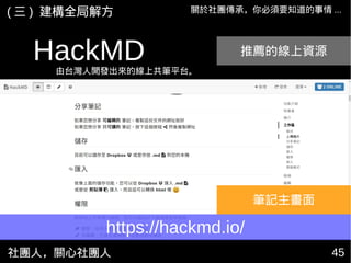 社團人，關心社團人 45
關於社團傳承，你必須要知道的事情 ...( 三 ) 建構全局解方
筆記主畫面
HackMD 推薦的線上資源
由台灣人開發出來的線上共筆平台。
https://hackmd.io/
 