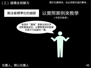 社團人，關心社團人 46
關於社團傳承，你必須要知道的事情 ...( 三 ) 建構全局解方
無法被標準化的細節
有很多“眉角”是無法用文字
或影像描述的，以實際案例來教學
仍是不可或缺的一環。
以實際案例來教學
( 手把手教學 )
 
