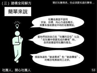 社團人，關心社團人 53
關於社團傳承，你必須要知道的事情 ...( 三 ) 建構全局解方
社團成員認不認同
宗旨、目標、向心力這些概念，
其實本身就要從平時的培養開始。
當他們找到自己在“社團的定位”以及
“ 在社團中想要完成的事情”時，
自然就會認同社團的理念。
簡單來說
我認為這和“創造需求”和“創造價值”，
的概念有異曲同工之妙。
 