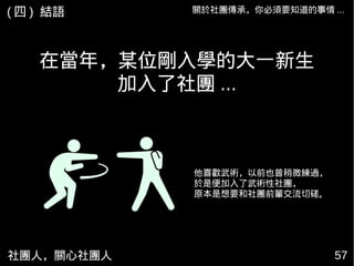 在當年，某位剛入學的大一新生
加入了社團 ...
社團人，關心社團人 57
他喜歡武術，以前也曾稍微練過，
於是便加入了武術性社團，
原本是想要和社團前輩交流切磋。
關於社團傳承，你必須要知道的事情 ...( 四 ) 結語
 