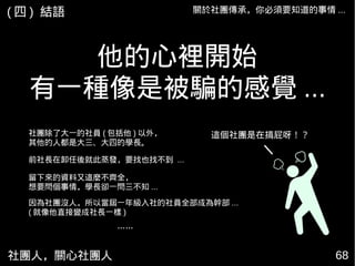 社團人，關心社團人 6868
他的心裡開始
有一種像是被騙的感覺 ...
前社長在卸任後就此蒸發，要找也找不到 ...
留下來的資料又這麼不齊全，
想要問個事情，學長卻一問三不知 ...
社團除了大一的社員 ( 包括他 ) 以外，
其他的人都是大三、大四的學長。
因為社團沒人，所以當屆一年級入社的社員全部成為幹部 ...
( 就像他直接變成社長一樣 )
……
這個社團是在搞屁呀！？
關於社團傳承，你必須要知道的事情 ...( 四 ) 結語
 