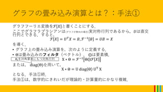 グラフの畳み込み演算とは？：手法①
グラフフーリエ変換をℱ 𝑋 と書くことにする．
ここでグラフラプラシアンは(グラフが無向の場合)実対称行列であるから，𝑈は直交
行列とできる．すると，
ℱ 𝑋 = 𝑈 𝑇
𝑋 = 𝐵, ℱ−1
𝐵 = 𝑈𝐵 = 𝑋
を導く．
• グラフ上の畳み込み演算を，次のように定義する．
• Θは畳み込みのフィルタ（ベクトル）． ⨀は要素積．
X ∗ Θ = ℱ−1
Θ⨀ℱ 𝑋
または， diag(Θ)を用いて，
X ∗ Θ = U diag Θ UT X
となる．手法①終．
手法①は，数学的にきれいだが理論的・計算量的にかなり複雑．
Θiを対角要素にもつ対角行列
 