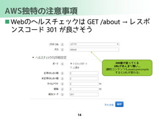 AWS独特の注意事項
 Webのヘルスチェックは GET /about → レスポ
ンスコード 301 が良さそう
14
200番が返ってくる
URLがあんまり無い…
(静的コンテンツもassets:precompile
するとURLが変わる)
 
