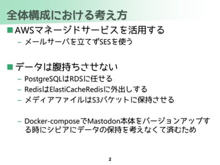 全体構成における考え方
 AWSマネージドサービスを活用する
– メールサーバを立てずSESを使う
 データは腹持ちさせない
– PostgreSQLはRDSに任せる
– RedisはElastiCacheRedisに外出しする
– メディアファイルはS3バケットに保持させる
– Docker-composeでMastodon本体をバージョンアップす
る時にシビアにデータの保持を考えなくて済むため
2
 