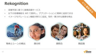 Rekognition
• 深層学習に基づく画像認識サービス
• 以下の各種機能を API で提供し，アプリケーションに簡単に追加できる
• イメージモデレーション機能が新たに追加，性的・暴力的な画像を検出
11
物体とシーンの検出 顔分析 顔照合 顔認識
4/19
機
能
追
加
 