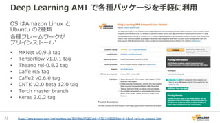 Deep Learning AMI で各種パッケージを手軽に利用
22
OS はAmazon Linux と
Ubuntu の2種類
各種フレームワークが
プリインストール*
• MXNet v0.9.3 tag
• Tensorflow v1.0.1 tag
• Theano rel-0.8.2 tag
• Caffe rc5 tag
• Caffe2 v0.6.0 tag
• CNTK v2.0 beta 12.0 tag
• Torch master branch
• Keras 2.0.2 tag
https://aws.amazon.com/marketplace/pp/B01M0AXXQB?qid=1475211685369&sr=0-1&ref_=srh_res_product_title　
 