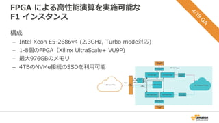 FPGA による高性能演算を実施可能な
F1 インスタンス
4/19
G
A
構成
– Intel Xeon E5-2686v4 (2.3GHz, Turbo mode対応)
– 1-8個のFPGA（Xilinx UltraScale+ VU9P)
– 最大976GBのメモリ
– 4TBのNVMe接続のSSDを利用可能
 