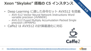Xeon “Skylake” 搭載の C5 インスタンス
• Deep Learning に適した命令セット AVX512 を搭載
– AVX-512 Vector Neural Network Instructions Word
variable precision (4VNNIW)
– AVX-512 Fused Multiply Accumulation Packed Single
precision (4FMAPS)
• Caffe2 は AVX512 の計算最適化に対応
26
2016/12
発
表
https://software.intel.com/en-us/blogs/2017/04/18/intel-and-facebook-collaborate-to-boost-caffe2-performance-on-intel-cpu-s
 
