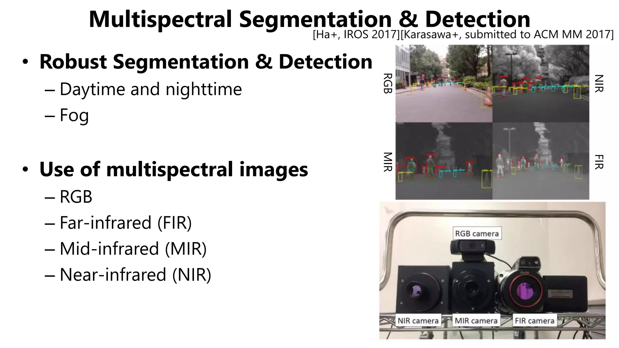 Multispectral Segmentation & Detection
• Robust Segmentation & Detection
– Daytime and nighttime
– Fog
• Use of multispectral images
– RGB
– Far-infrared (FIR)
– Mid-infrared (MIR)
– Near-infrared (NIR)
[Ha+, IROS 2017][Karasawa+, submitted to ACM MM 2017]
RGBMIR
NIRFIR
 