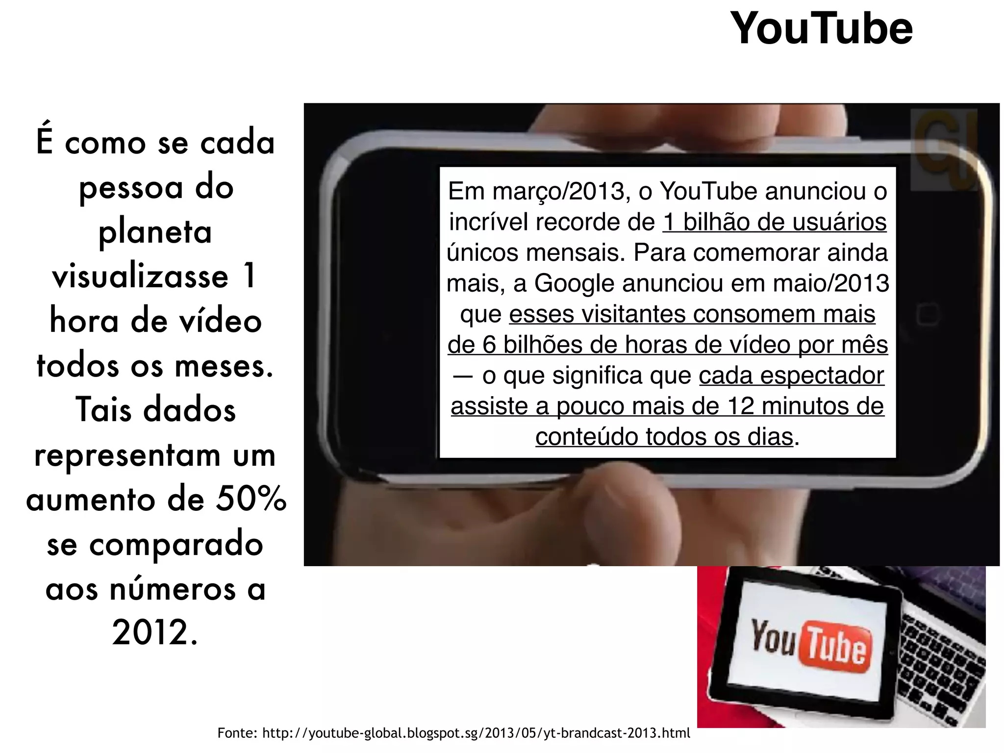 YouTube
Fonte: http://youtube-global.blogspot.sg/2013/05/yt-brandcast-2013.html
Em março/2013, o YouTube anunciou o
incrível recorde de 1 bilhão de usuários
únicos mensais. Para comemorar ainda
mais, a Google anunciou em maio/2013
que esses visitantes consomem mais
de 6 bilhões de horas de vídeo por mês
— o que significa que cada espectador
assiste a pouco mais de 12 minutos de
conteúdo todos os dias.
É como se cada
pessoa do
planeta
visualizasse 1
hora de vídeo
todos os meses.
Tais dados
representam um
aumento de 50%
se comparado
aos números a
2012.
 