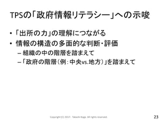 TPSの「政府情報リテラシー」への示唆
• 「出所の力」の理解につながる
• 情報の構造の多面的な判断・評価
– 組織の中の階層を踏まえて
– 「政府の階層（例：中央vs.地方）」を踏まえて
Copyright (C) 2017- Takashi Koga. All rights reserved. 23
 