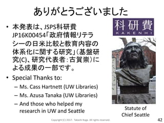 ありがとうございました
Copyright (C) 2017- Takashi Koga. All rights reserved. 42
• 本発表は、JSPS科研費
JP16K00454「政府情報リテラ
シーの日米比較と教育内容の
体系化に関する研究」（基盤研
究(C)、研究代表者：古賀崇）に
よる成果の一部です。
• Special Thanks to:
– Ms. Cass Hartnett (UW Libraries)
– Ms. Azusa Tanaka (UW Libraries)
– And those who helped my
research in UW and Seattle Statute of
Chief Seattle
 