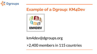 Example of a Dgroup: KM4Dev
km4dev@dgroups.org
>2,400 members in 115 countries
 