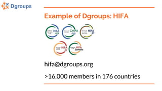 Example of Dgroups: HIFA
hifa@dgroups.org
>16,000 members in 176 countries
 