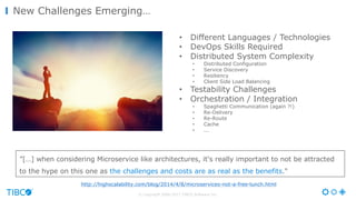 © Copyright 2000-2017 TIBCO Software Inc.
New Challenges Emerging…
http://highscalability.com/blog/2014/4/8/microservices-not-a-free-lunch.html
”[…] when considering Microservice like architectures, it's really important to not be attracted
to the hype on this one as the challenges and costs are as real as the benefits."
• Different Languages / Technologies
• DevOps Skills Required
• Distributed System Complexity
• Distributed Configuration
• Service Discovery
• Resiliency
• Client Side Load Balancing
• Testability Challenges
• Orchestration / Integration
• Spaghetti Communication (again ?!)
• Re-Delivery
• Re-Route
• Cache
• ...
 