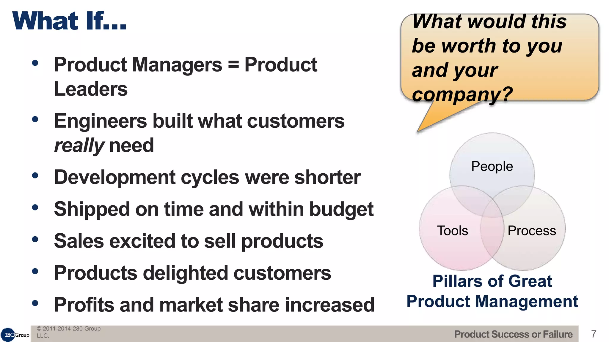 © 2011-2014 280 Group
LLC. 7
• Product Managers = Product
Leaders
• Engineers built what customers
really need
• Development cycles were shorter
• Shipped on time and within budget
• Sales excited to sell products
• Products delighted customers
• Profits and market share increased
What If…
Product Success or Failure
People
ProcessTools
Pillars of Great
Product Management
What would this
be worth to you
and your
company?
 
