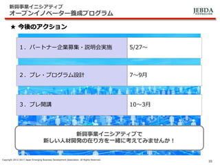 JEBDA新興事業創出機構
新興事業イニシアティブ
オープンイノベーター養成プログラム
Copyright 2012-2017 Japan Emerging Business Development Association. All Rights Reserved.
10
★ 今後のアクション
１．パートナー企業募集・説明会実施 5/27～
２．プレ・プログラム設計 7～9月
３．プレ開講 10～3月
新興事業イニシアティブで
新しい人材開発の在り方を一緒に考えてみませんか！
 