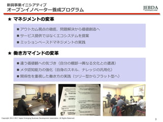 JEBDA新興事業創出機構
新興事業イニシアティブ
オープンイノベーター養成プログラム
Copyright 2012-2017 Japan Emerging Business Development Association. All Rights Reserved.
3
 アウトカム視点の徹底、問題解決から価値創造へ
 サービス提供ではなくエコシステムを提案
 ミッションベースドマネジメントの実践
★ マネジメントの変革
★ 働き方マインドの変革
 違う価値観への気づき（自分の棚卸→異なる文化との遭遇）
 メタ認知能力の強化（自身のスキル、ナレッジの汎用化）
 関係性を重視した働き方の実践（ツリー型からフラット型へ）
 