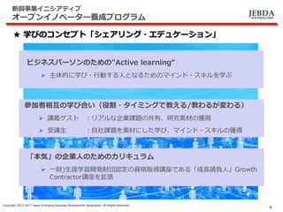 JEBDA新興事業創出機構
新興事業イニシアティブ
オープンイノベーター養成プログラム
Copyright 2012-2017 Japan Emerging Business Development Association. All Rights Reserved.
4
★ 学びのコンセプト「シェアリング・エデュケーション」
ビジネスパーソンのための"Active learning“
 主体的に学び・行動する人となるためのマインド・スキルを学ぶ
参加者相互の学び合い（役割・タイミングで教える/教わるが変わる）
 講義ゲスト ：リアルな企業課題の共有、研究素材の獲得
 受講生 ：自社課題を素材にした学び、マインド・スキルの獲得
「本気」の企業人のためのカリキュラム
 一財)生涯学習開発財団認定の資格取得講座である「成長請負人」Growth
Contractor講座を拡張
 