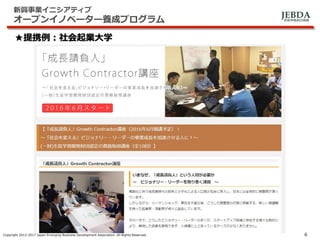 JEBDA新興事業創出機構
新興事業イニシアティブ
オープンイノベーター養成プログラム
Copyright 2012-2017 Japan Emerging Business Development Association. All Rights Reserved. 6
★提携例：社会起業大学
 