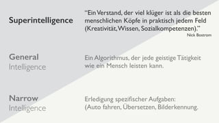 Narrow
Intelligence
Erledigung speziﬁscher Aufgaben:
(Auto fahren, Übersetzen, Bilderkennung.
General
Intelligence
Ein Alg...
