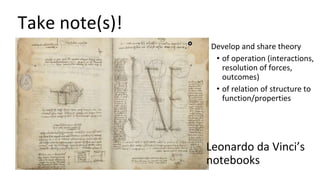 Take note(s)!
Leonardo da Vinci’s
notebooks
Develop and share theory
• of operation (interactions,
resolution of forces,
outcomes)
• of relation of structure to
function/properties
 