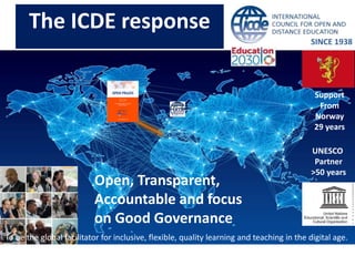 Open, Transparent,
Accountable and focus
on Good Governance
Support
From
Norway
29 years
UNESCO
Partner
>50 years
SINCE 1938
To be the global facilitator for inclusive, flexible, quality learning and teaching in the digital age.
The ICDE response
 