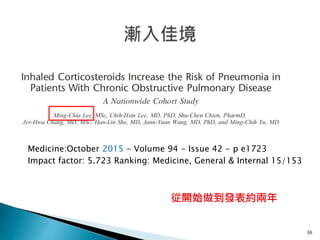 Medicine:October 2015 - Volume 94 - Issue 42 - p e1723
Impact factor: 5.723 Ranking: Medicine, General & Internal 15/153
36
從開始做到發表約兩年
 