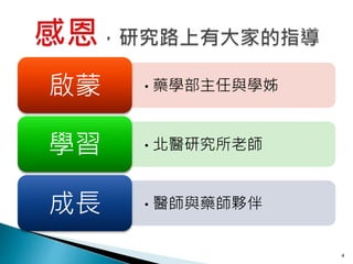 •藥學部主任與學姊啟蒙
•北醫研究所老師學習
•醫師與藥師夥伴成長
4
 