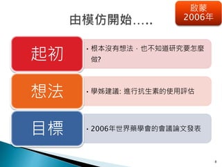 •根本沒有想法，也不知道研究要怎麼
做?起初
•學姊建議: 進行抗生素的使用評估想法
•2006年世界藥學會的會議論文發表目標
8
啟蒙
2006年
 