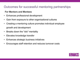Outcomes for successful mentoring partnerships
For Mentors and Mentees
• Enhances professional development
• Gain from exposure to other organisational cultures
• Creating a mentoring culture promotes individual employee
growth and development
• Breaks down the "silo" mentality
• Elevates knowledge transfer
• Enhances strategic business initiatives
• Encourages staff retention and reduces turnover costs
 