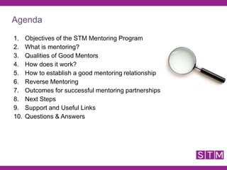 1. Objectives of the STM Mentoring Program
2. What is mentoring?
3. Qualities of Good Mentors
4. How does it work?
5. How to establish a good mentoring relationship
6. Reverse Mentoring
7. Outcomes for successful mentoring partnerships
8. Next Steps
9. Support and Useful Links
10. Questions & Answers
Agenda
 