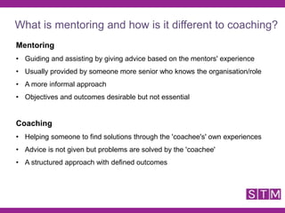 Mentoring
• Guiding and assisting by giving advice based on the mentors' experience
• Usually provided by someone more senior who knows the organisation/role
• A more informal approach
• Objectives and outcomes desirable but not essential
Coaching
• Helping someone to find solutions through the 'coachee's' own experiences
• Advice is not given but problems are solved by the 'coachee'
• A structured approach with defined outcomes
What is mentoring and how is it different to coaching?
 