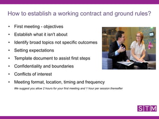 • First meeting - objectives
• Establish what it isn't about
• Identify broad topics not specific outcomes
• Setting expectations
• Template document to assist first steps
• Confidentiality and boundaries
• Conflicts of interest
• Meeting format, location, timing and frequency
We suggest you allow 2 hours for your first meeting and 1 hour per session thereafter
How to establish a working contract and ground rules?
 