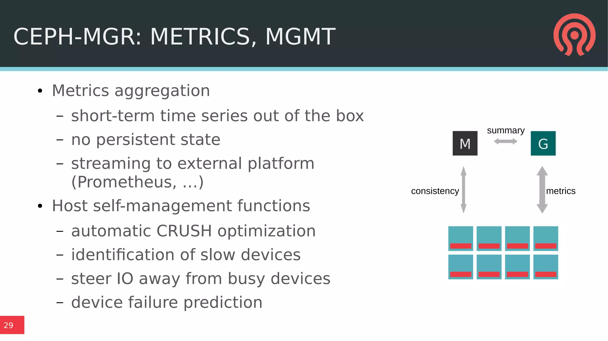 29
CEPH-MGR: METRICS, MGMT
● Metrics aggregation
– short-term time series out of the box
– no persistent state
– streaming to external platform
(Prometheus, …)
● Host self-management functions
– automatic CRUSH optimization
– identification of slow devices
– steer IO away from busy devices
– device failure prediction
M G
consistency metrics
summary
 