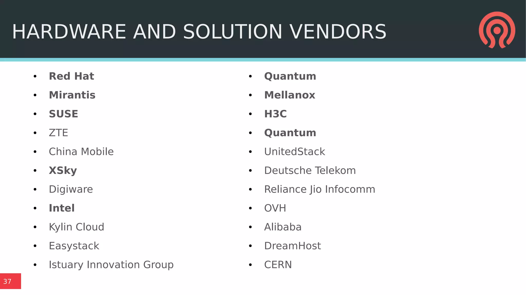 37
● Red Hat
● Mirantis
● SUSE
● ZTE
● China Mobile
● XSky
● Digiware
● Intel
● Kylin Cloud
● Easystack
● Istuary Innovation Group
● Quantum
● Mellanox
● H3C
● Quantum
● UnitedStack
● Deutsche Telekom
● Reliance Jio Infocomm
● OVH
● Alibaba
● DreamHost
● CERN
HARDWARE AND SOLUTION VENDORS
 