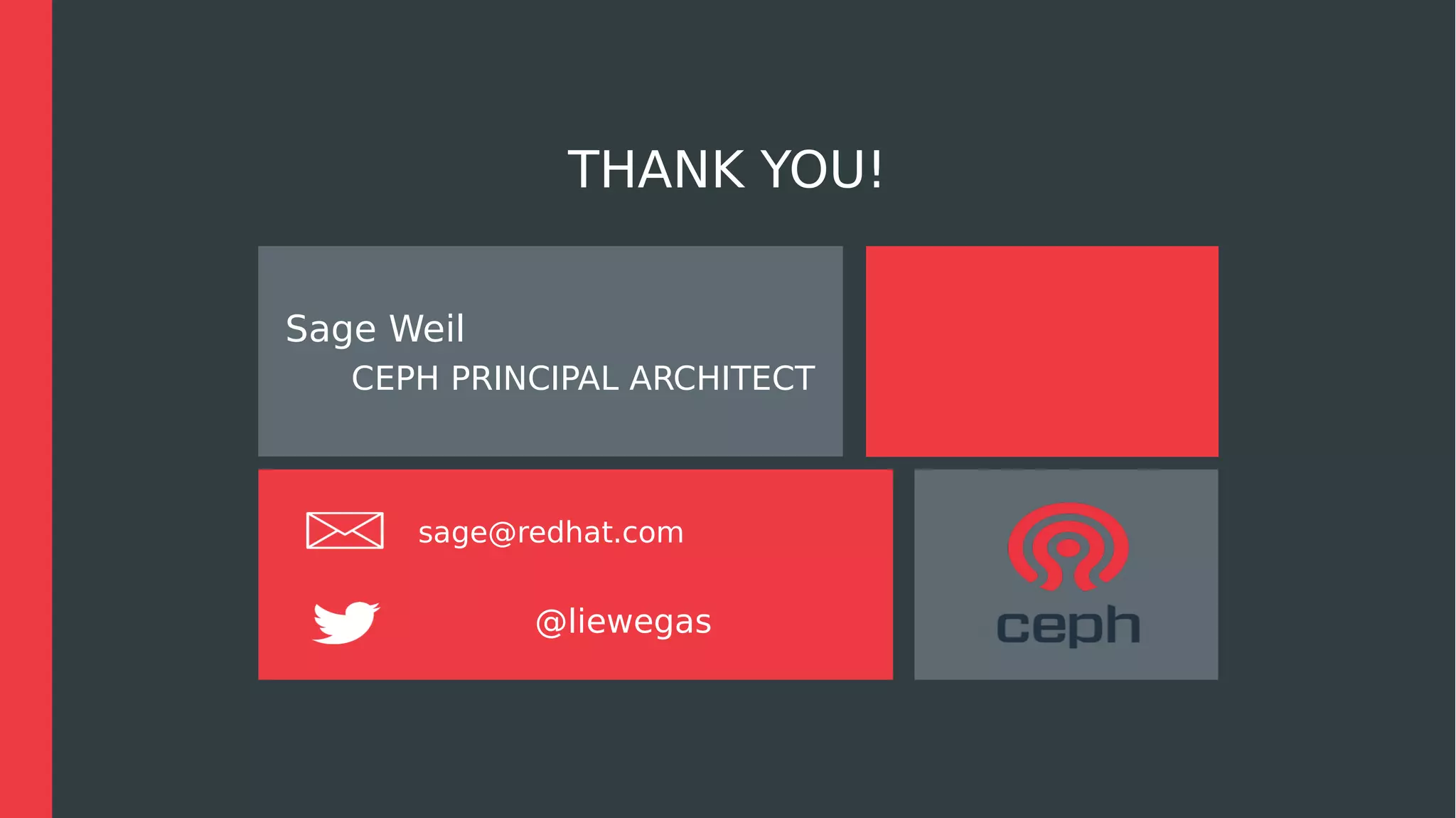 THANK YOU!
Sage Weil
CEPH PRINCIPAL ARCHITECT
sage@redhat.com
@liewegas
 