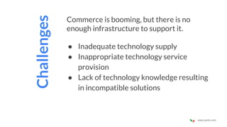 www.pymlo.com
Challenges
Commerce is booming, but there is no
enough infrastructure to support it.
● Inadequate technology supply
● Inappropriate technology service
provision
● Lack of technology knowledge resulting
in incompatible solutions
 