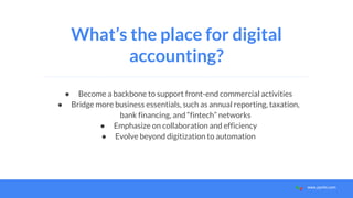 www.pymlo.com
What’s the place for digital
accounting?
● Become a backbone to support front-end commercial activities
● Bridge more business essentials, such as annual reporting, taxation,
bank financing, and “fintech” networks
● Emphasize on collaboration and efficiency
● Evolve beyond digitization to automation
 