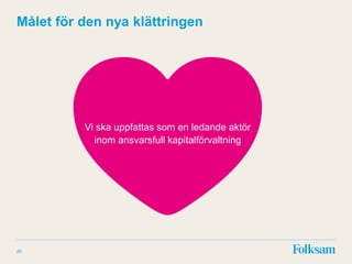 Målet för den nya klättringen
26
Vi ska uppfattas som en ledande aktör
inom ansvarsfull kapitalförvaltning
 