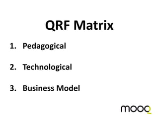 1. MOOC Learners
2. MOOC Designers
3. MOOC Facilitators
4. MOOC Providers
QRF Target Groups
 