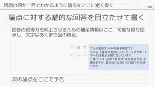 14
これが発表スライドの基本構成です．
上から，「論点の見出し」「メッセージ」「サポート
データ」を載せる欄になっています．
一番下には，必要であれば「次の論点予告」を
書きますが，基本的には省いて口頭でのみ述
べます．
１枚目
 