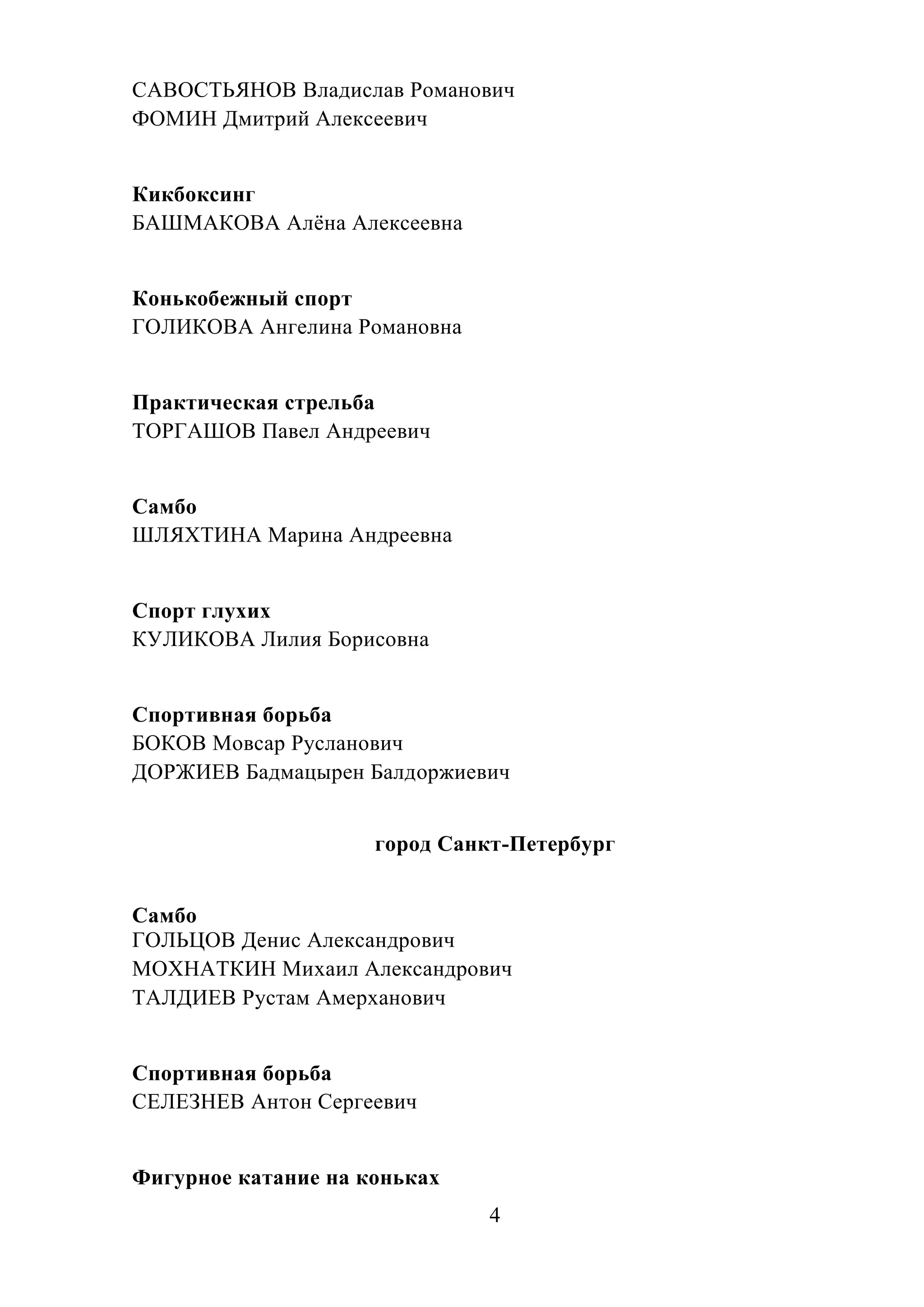 4
САВОСТЬЯНОВ Владислав Романович
ФОМИН Дмитрий Алексеевич
Кикбоксинг
БАШМАКОВА Алѐна Алексеевна
Конькобежный спорт
ГОЛИКОВА Ангелина Романовна
Практическая стрельба
ТОРГАШОВ Павел Андреевич
Самбо
ШЛЯХТИНА Марина Андреевна
Спорт глухих
КУЛИКОВА Лилия Борисовна
Спортивная борьба
БОКОВ Мовсар Русланович
ДОРЖИЕВ Бадмацырен Балдоржиевич
город Санкт-Петербург
Самбо
ГОЛЬЦОВ Денис Александрович
МОХНАТКИН Михаил Александрович
ТАЛДИЕВ Рустам Амерханович
Спортивная борьба
СЕЛЕЗНЕВ Антон Сергеевич
Фигурное катание на коньках
 