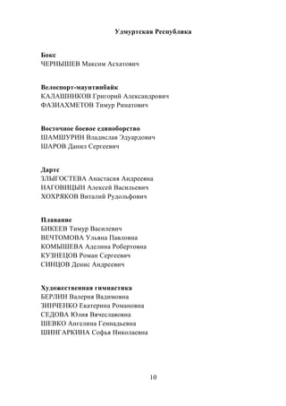 10
Удмуртская Республика
Бокс
ЧЕРНЫШЕВ Максим Асхатович
Велоспорт-маунтинбайк
КАЛАШНИКОВ Григорий Александрович
ФАЗИАХМЕТОВ Тимур Ринатович
Восточное боевое единоборство
ШАМШУРИН Владислав Эдуардович
ШАРОВ Данил Сергеевич
Дартс
ЗЛЫГОСТЕВА Анастасия Андреевна
НАГОВИЦЫН Алексей Васильевич
ХОХРЯКОВ Виталий Рудольфович
Плавание
БИКЕЕВ Тимур Василевич
ВЕЧТОМОВА Ульяна Павловна
КОМЫШЕВА Аделина Робертовна
КУЗНЕЦОВ Роман Сергеевич
СИНЦОВ Денис Андреевич
Художественная гимнастика
БЕРЛИН Валерия Вадимовна
ЗИНЧЕНКО Екатерина Романовна
СЕДОВА Юлия Вячеславовна
ШЕВКО Ангелина Геннадьевна
ШИНГАРКИНА Софья Николаевна
 