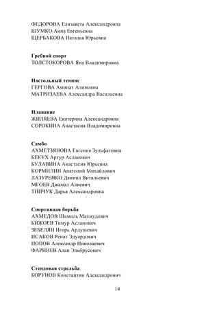 14
ФЕДОРОВА Елизавета Александровна
ШУМКО Анна Евгеньевна
ЩЕРБАКОВА Наталья Юрьевна
Гребной спорт
ТОЛСТОКОРОВА Яна Владимировна
Настольный теннис
ГЕРГОВА Аминат Алимовна
МАТРИЗАЕВА Александра Васильевна
Плавание
ЖИЛЯЕВА Екатерина Александровна
СОРОКИНА Анастасия Владимировна
Самбо
АХМЕТЗЯНОВА Евгения Зульфатовна
БЕКУХ Артур Асланович
БУЛАВИНА Анастасия Юрьевна
КОРМИЛИН Анатолий Михайлович
ЛАЗУРЕНКО Даниил Витальевич
МГОЕВ Джамал Алиевич
ТИПЧУК Дарья Александровна
Спортивная борьба
АХМЕДОВ Шамиль Махмудович
БИЖОЕВ Тимур Асланович
ЗЕБЕЛЯН Игорь Ардушевич
ИСАКОВ Ренат Эдуардович
ПОПОВ Александр Николаевич
ФАРНИЕВ Алан Эльбрусович
Стендовая стрельба
БОРУНОВ Константин Александрович
 